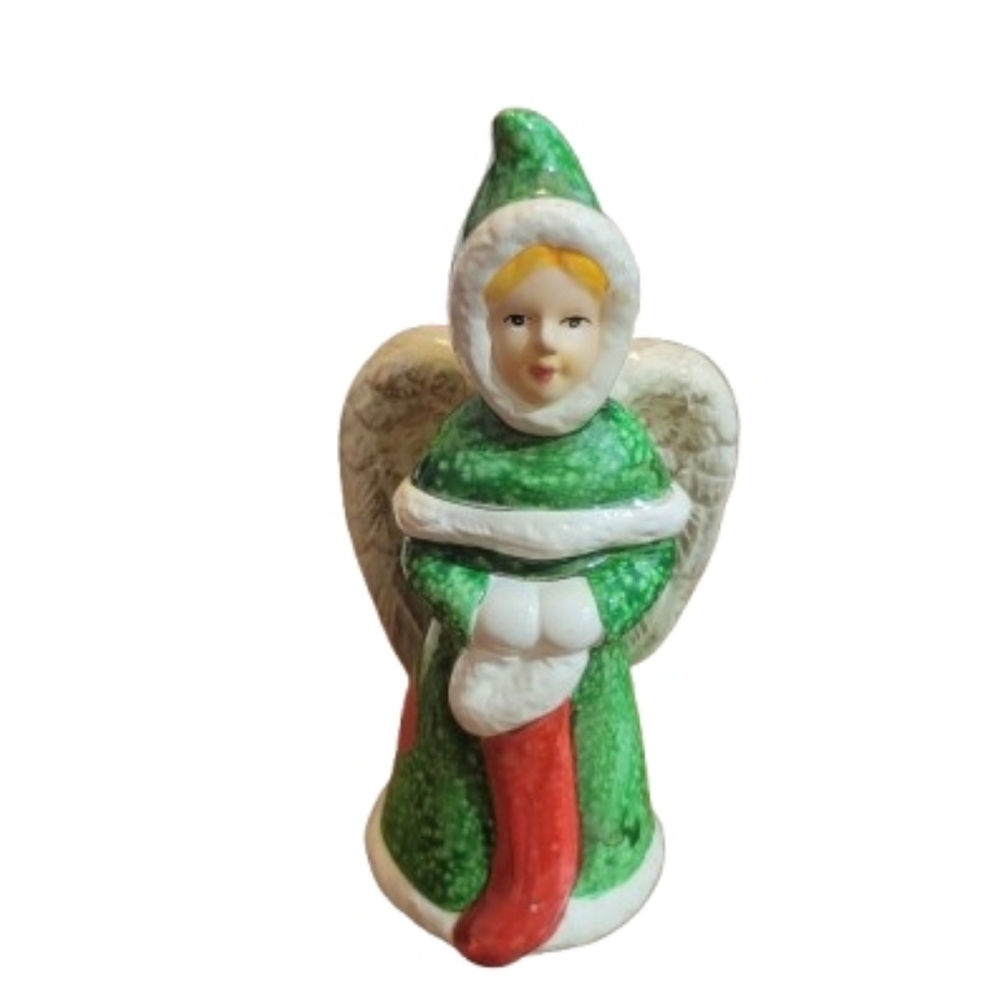 Vintage Ceramic Christmas Angel  Figurine Green Red Holiday